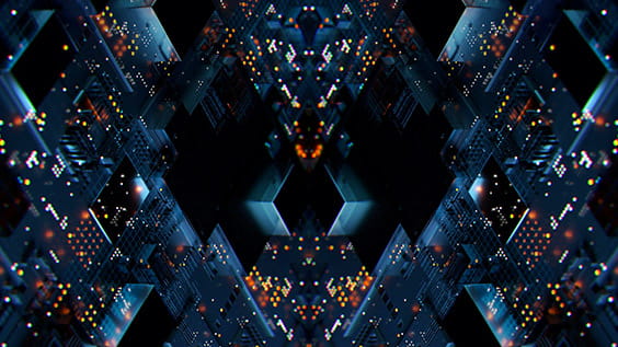 Abstract image of a cyber security concept with dark geometric shapes and colorful lights.