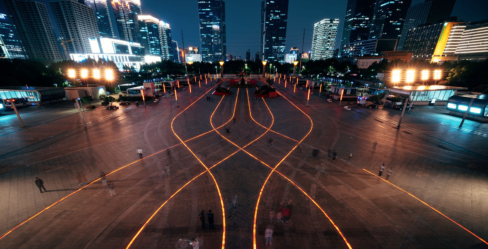 Glowing City Square at Night